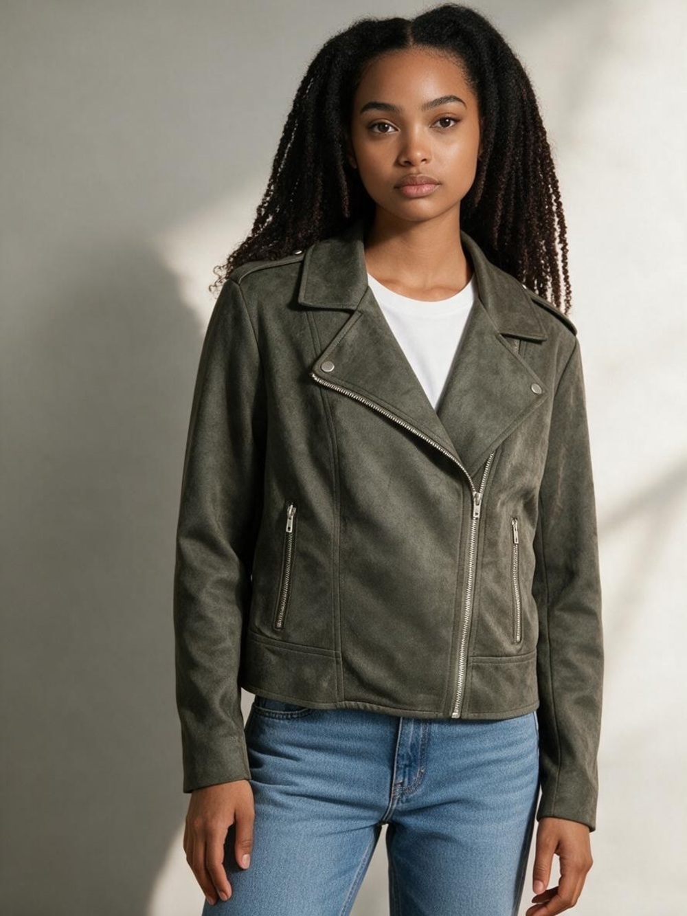 BB Dakota Olive Green Faux Suede Moto Jacket